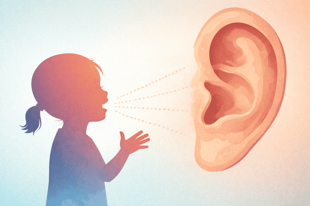 Bilde av en ung jente som snakker til et stort øre. Dette skal illustrere at en viktig del av brukermedvirkningen er å bli hørt.