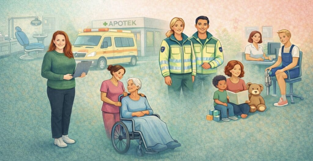 Forsidebilde med ulike yrkesutøvere i helse- og oppvekstsektoren. Barne- og ungdomsarbeider, helsesekretær, ambulansearbeider, helsefagarbeider